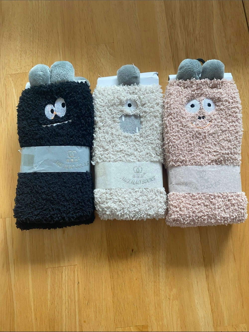 Lot of 3 Cozy Fuzzy Monster Animal Face Socks - Black, Cream, Blush
